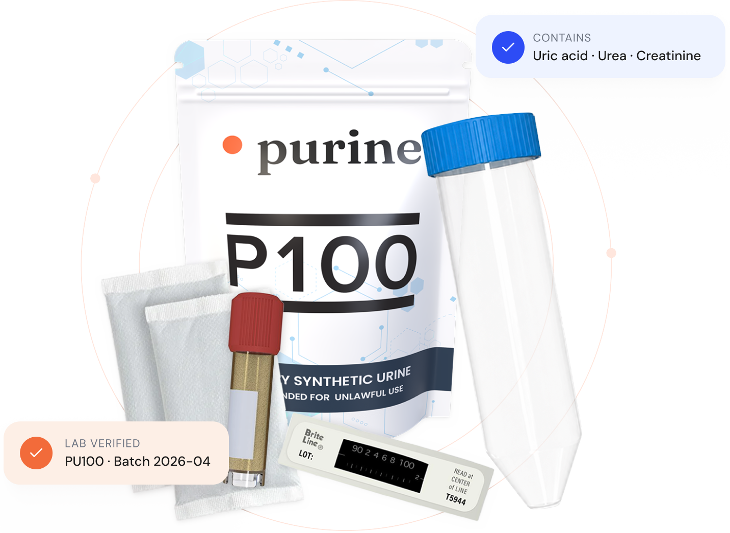 Purine P100 powdered synthetic urine kit — 50ml vial, two heaters, temperature strip
