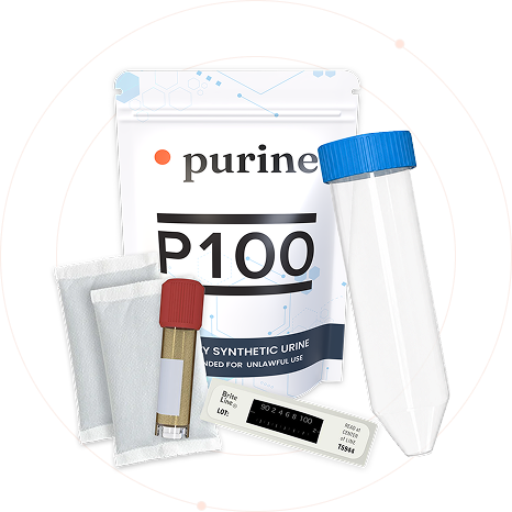 P100 kit — vial with blue lid, two air-activated heaters, temperature strip, adjustable support belt